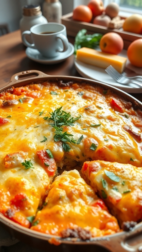 A delicious breakfast casserole with cheese, vegetables, and herbs, served in a rustic dish on a wooden table.